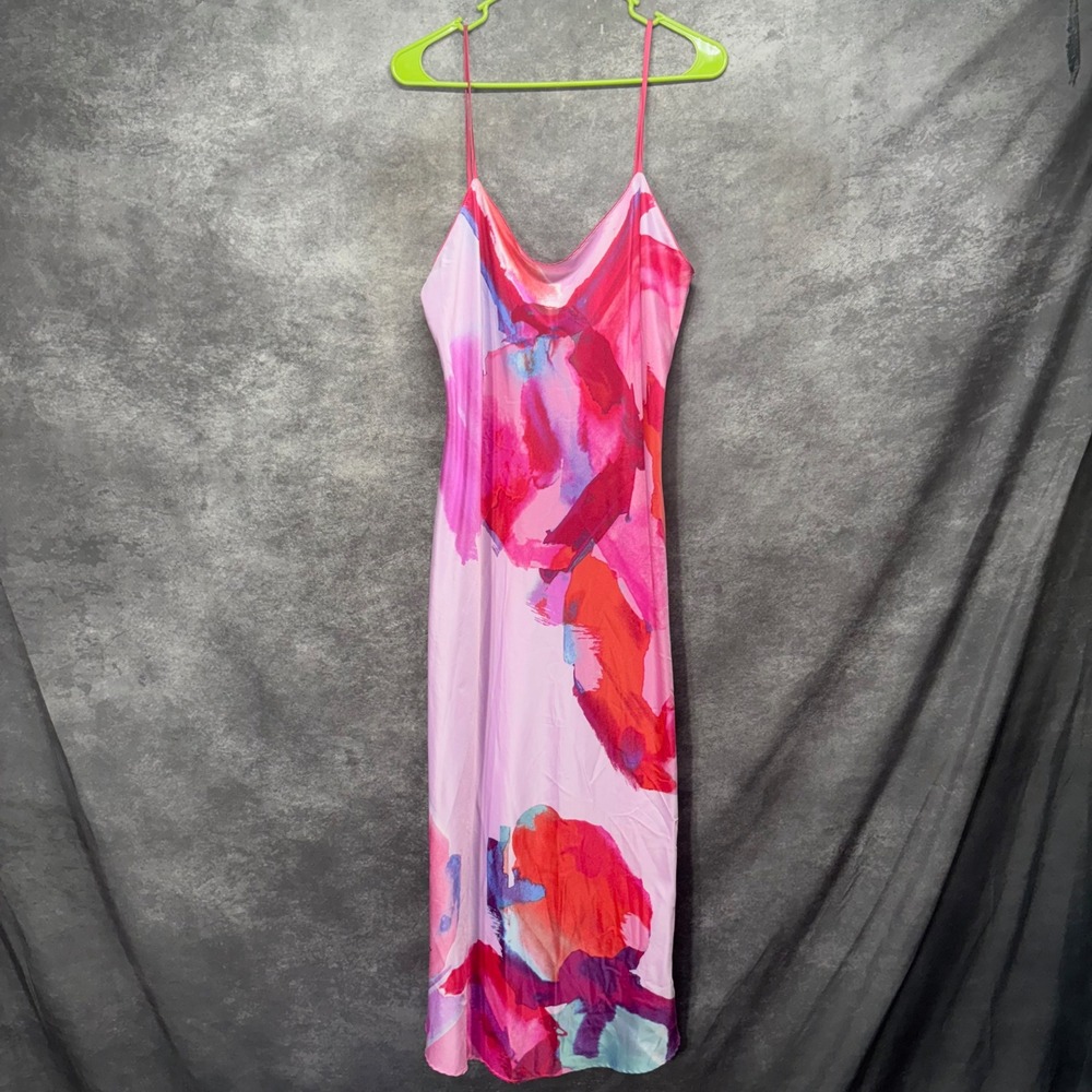 Y2K Natori Pink Abstract Watercolor Maxi Slip Dress Nightgown Size L  Satin